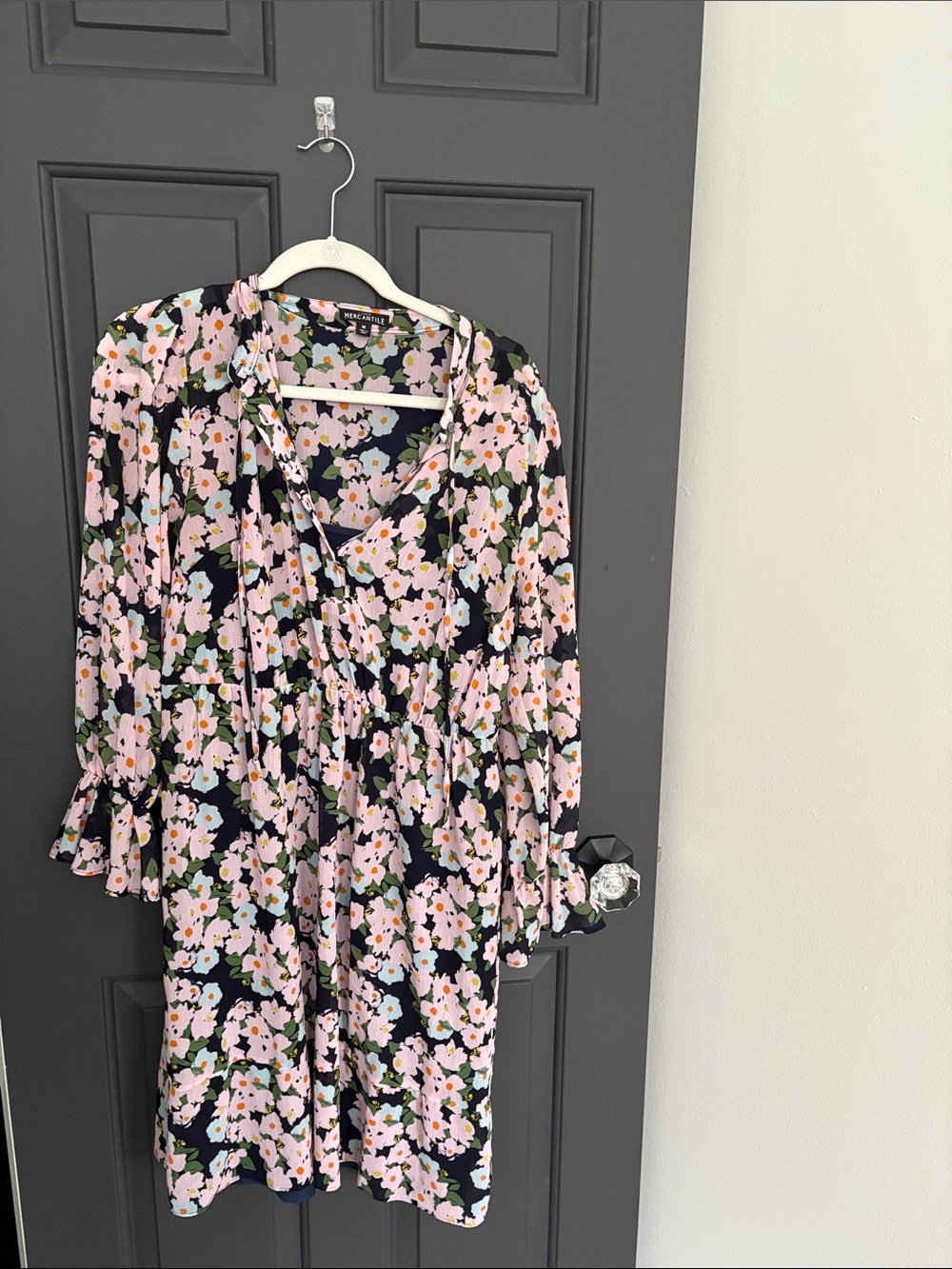 J. Crew Black Floral V-Neck Tunic with Pink Blossoms